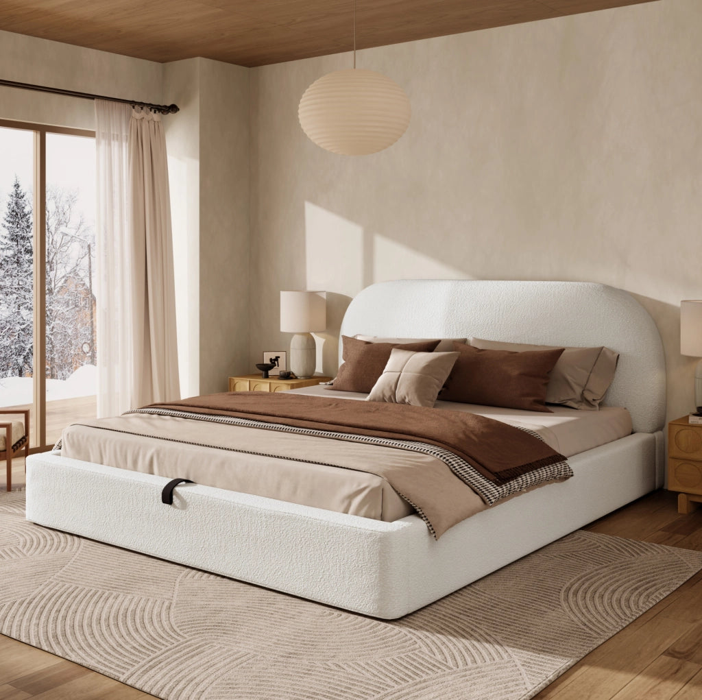 Letto imbottito con contenitore idraulico e rete a doghe; bouclé beige