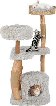 Albero per Gatti in Legno Alto 124 cm, Albero Tiragraffi per Gatti in Legno Massello con Pali di Corda di Juta, Torre Moderno per Animali Domestici Interni a 5 Livelli (Grigio)