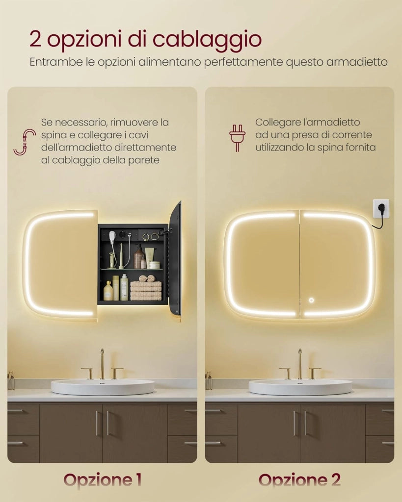 VASAGLE Armadietto Bagno da Parete con Specchio e Luce, Mobiletto Pensile Bagno con Stazione di Ricarica, 2 Ripiani Regolabili, Angoli Arrotondati, Nero Inchiostro BBK128B01V1