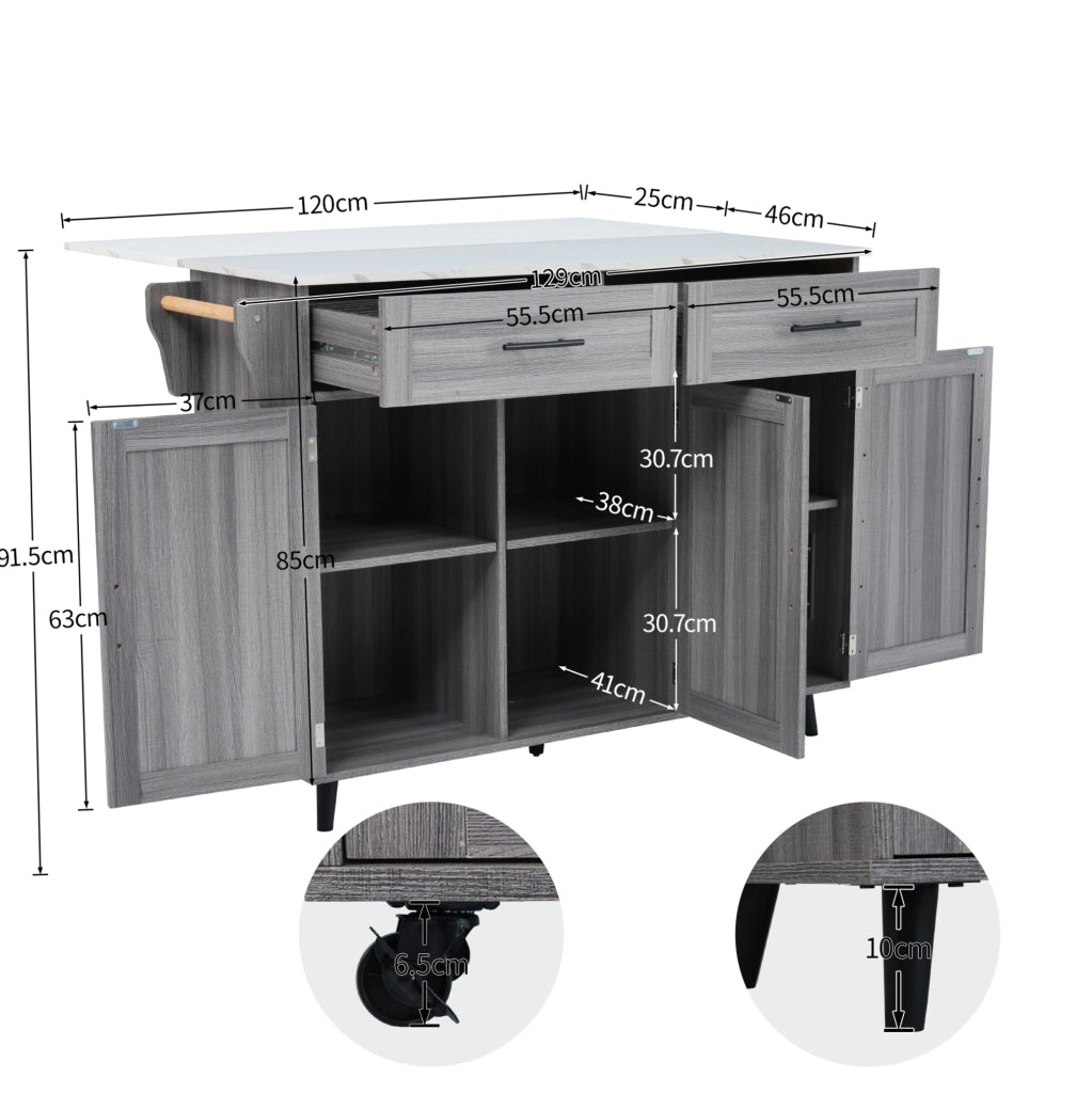 Carrello da cucina con piano pieghevole 129x46(71)x91;5 cm in MDF bianco e grigio