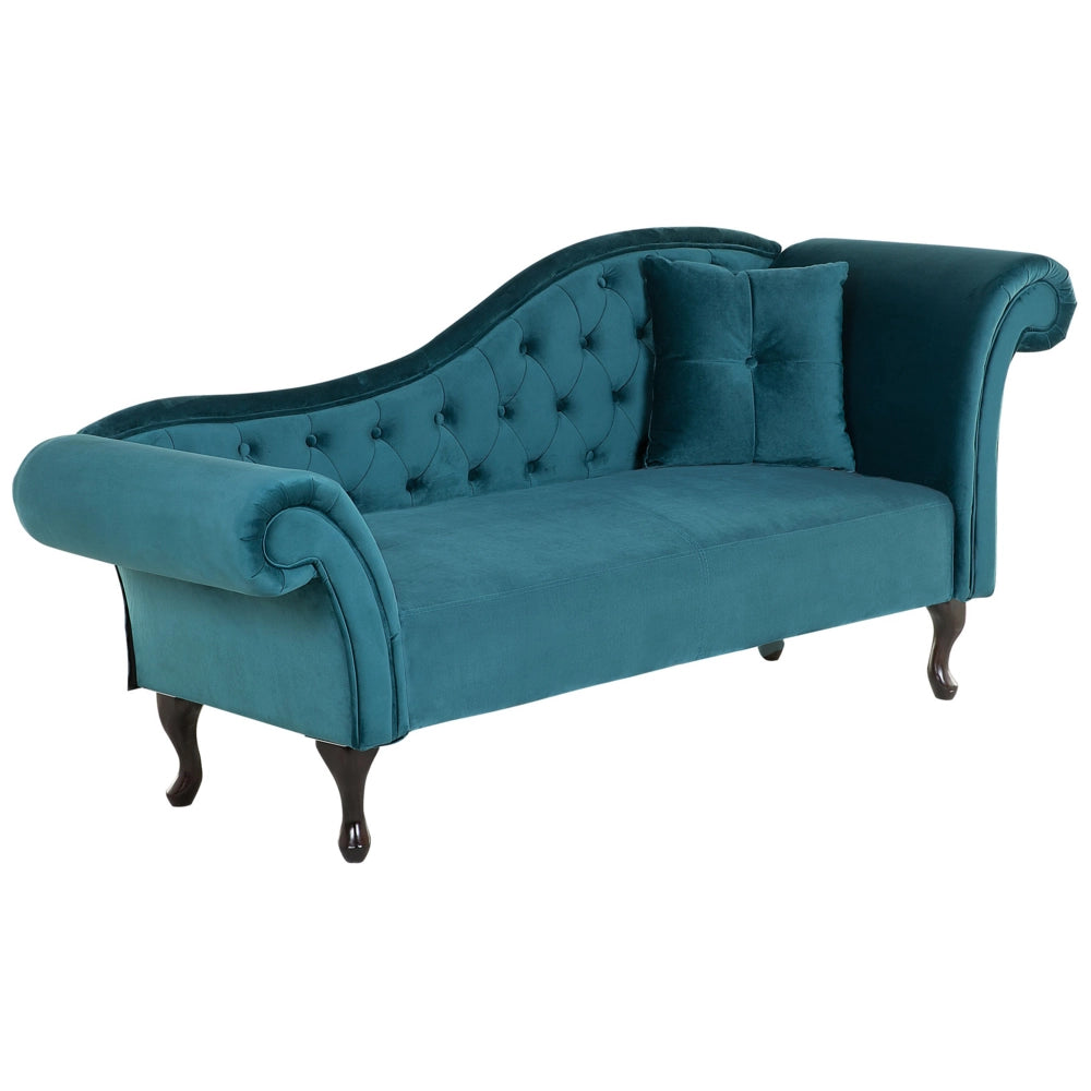 Chaise longue velluto verde acqua bottone trapuntato tappezzeria braccio arrotolato versione destra con cuscino