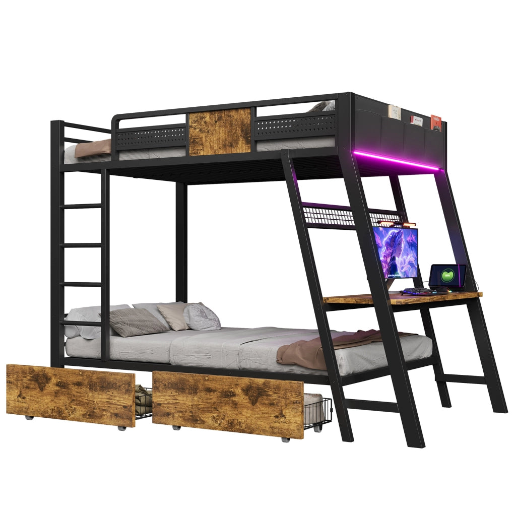 Letto a castello in metallo 90x200 cm con scrivania integrata e LED