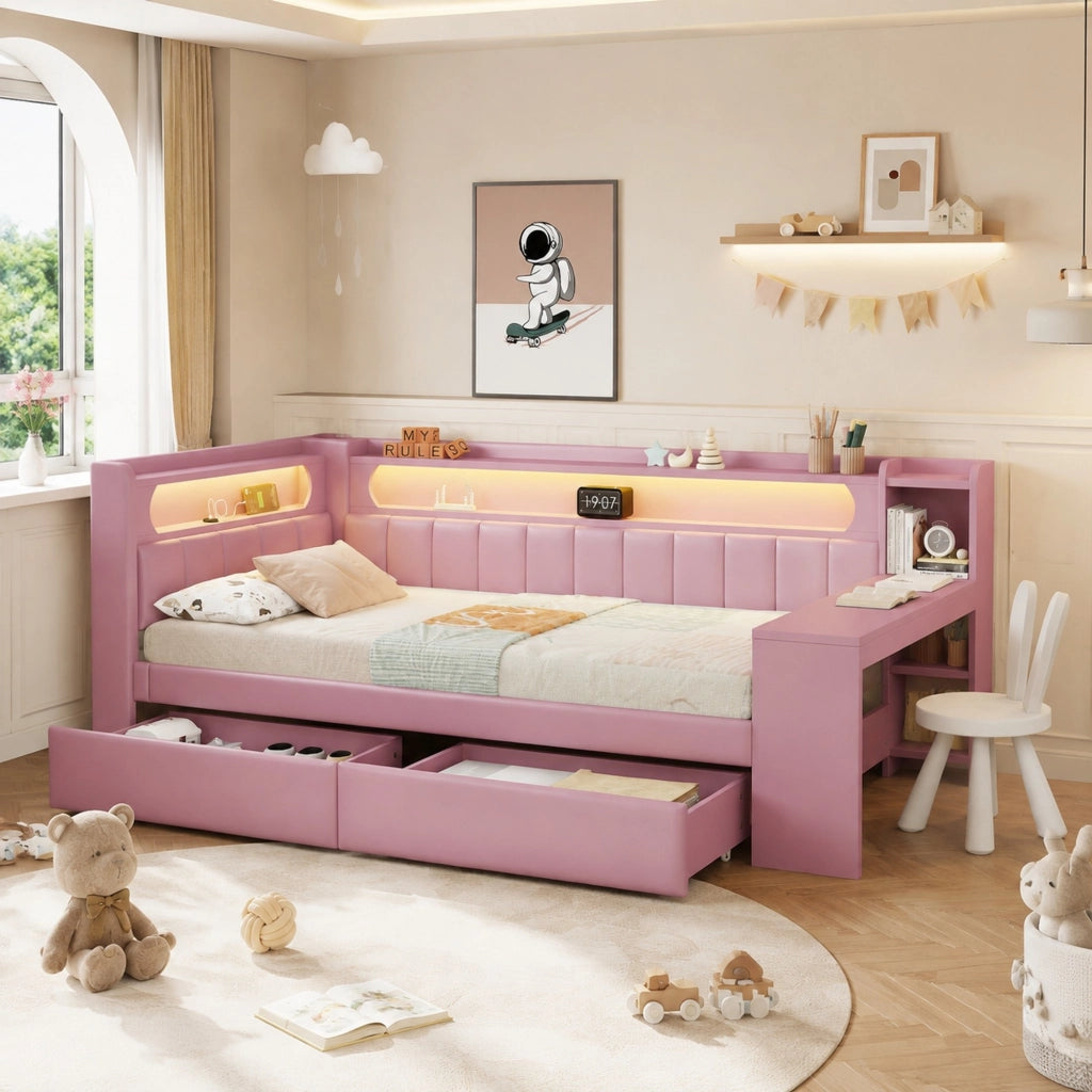 LETTO 90x200 cm imbottito Rosa con USB, LED, scrivania e 2 cassetti