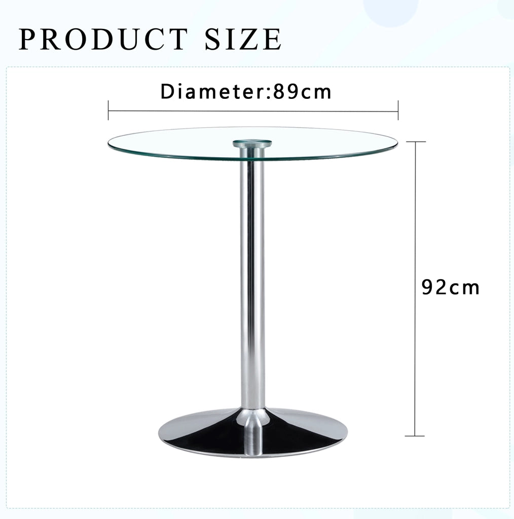 Tavolo da bar rotondo 89 cm; altezza 92 cm in vetro trasparente con base in metallo argento