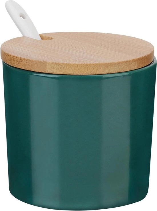 Contenitore di zucchero con coperchio e cucchiaio in ceramica con coperchio in bambù e cucchiaio per barista, dispensatore di zucchero da 230 ml in verde