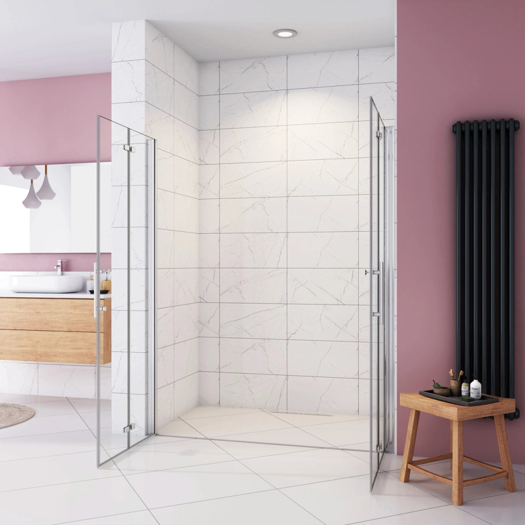 Box Doccia in Linea per Nicchia 195 cm Doppia Porta Battente 4 Ante Pieghevoli Saloon Vetro Temperato 6 mm Anticalcare 135 cm (70+70: 1318-1358 mm)