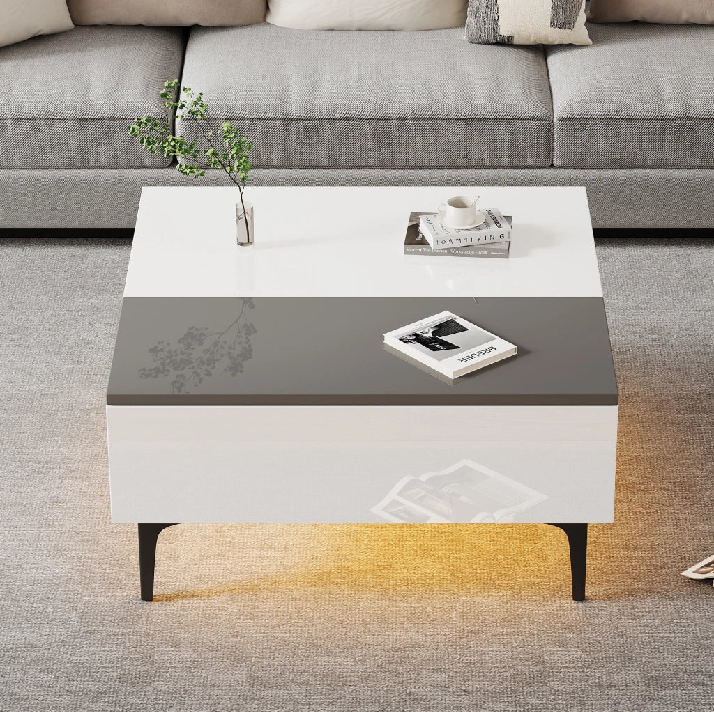 Tavolino da caffè sollevabile 70x70x35 cm con LED; ripiani interni e cassetto; bianco e grigio