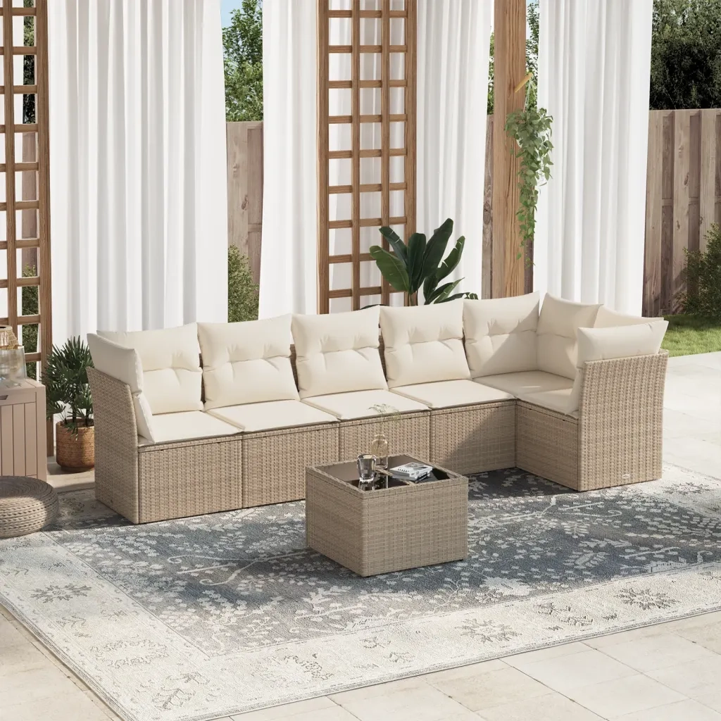 Set Divani da Giardino 7 pz con Cuscini Beige in Polyrattan 3249507