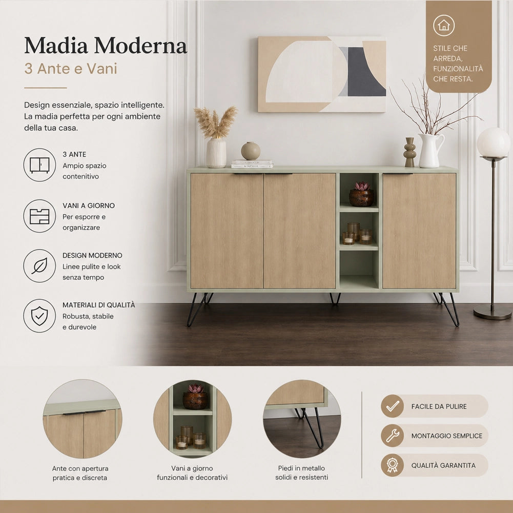 Madia Moderna Credenza con 3 Ante e Vani a Giorno 142x83 cm Quercia e Verde