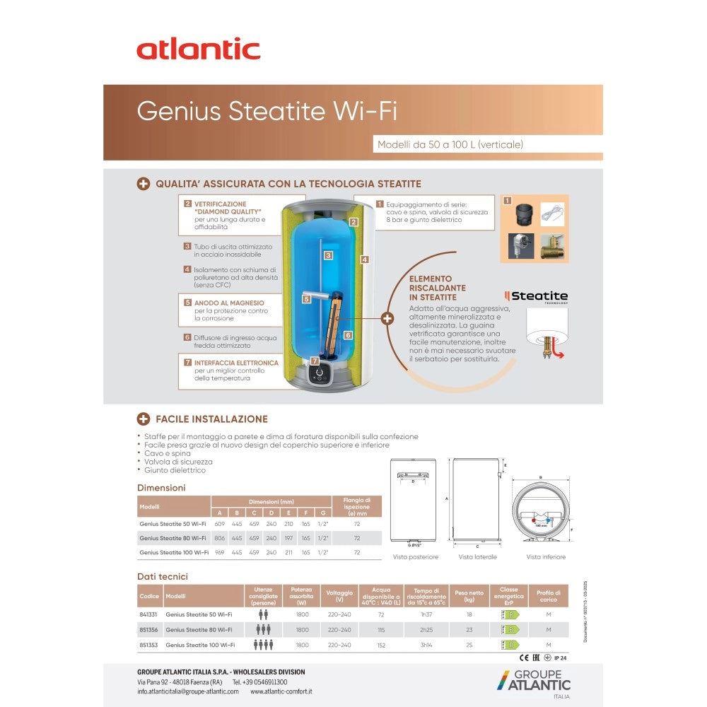 Atlantic genius steatite scaldabagno boiler elettrico 80lt verticale - 2 anni di garanzia