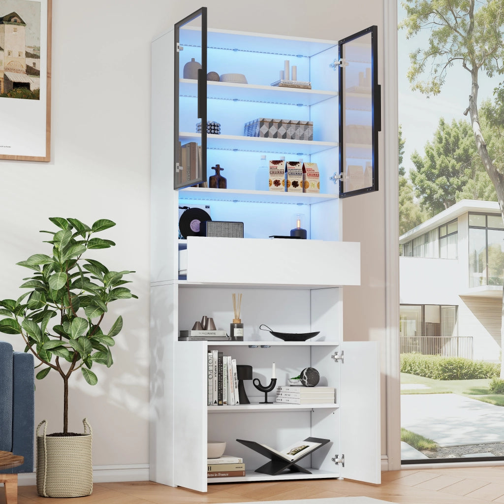 Vetrina con 2 ante in vetro, 1 cassetto, 2 vani aperti e LED, per soggiorno, in truciolare, bianco, 70 × 30 × 200 cm