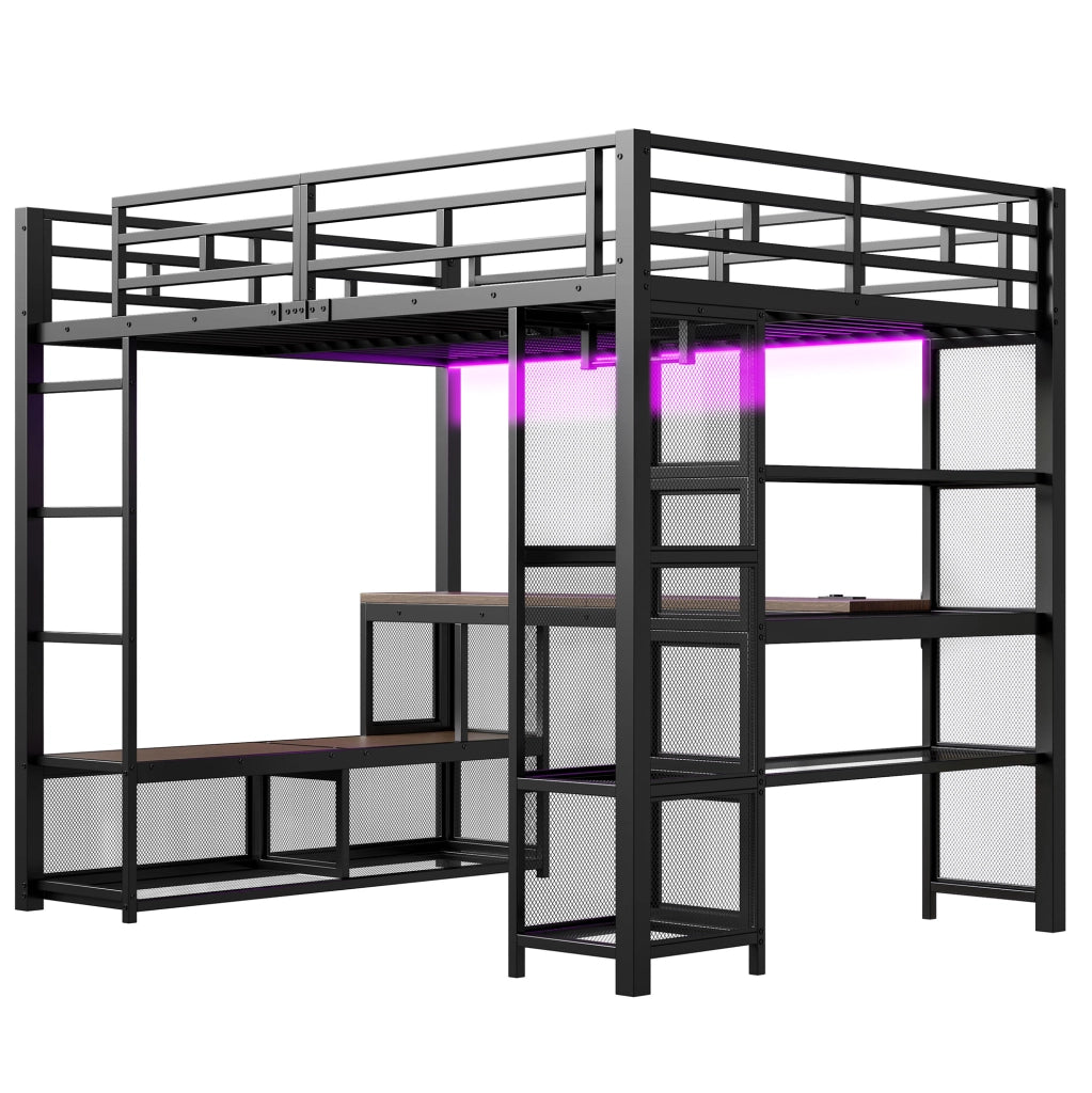 Letto a soppalco 140x200 cm con scrivania, armadio aperto, LED e USB in metallo e MDF nero