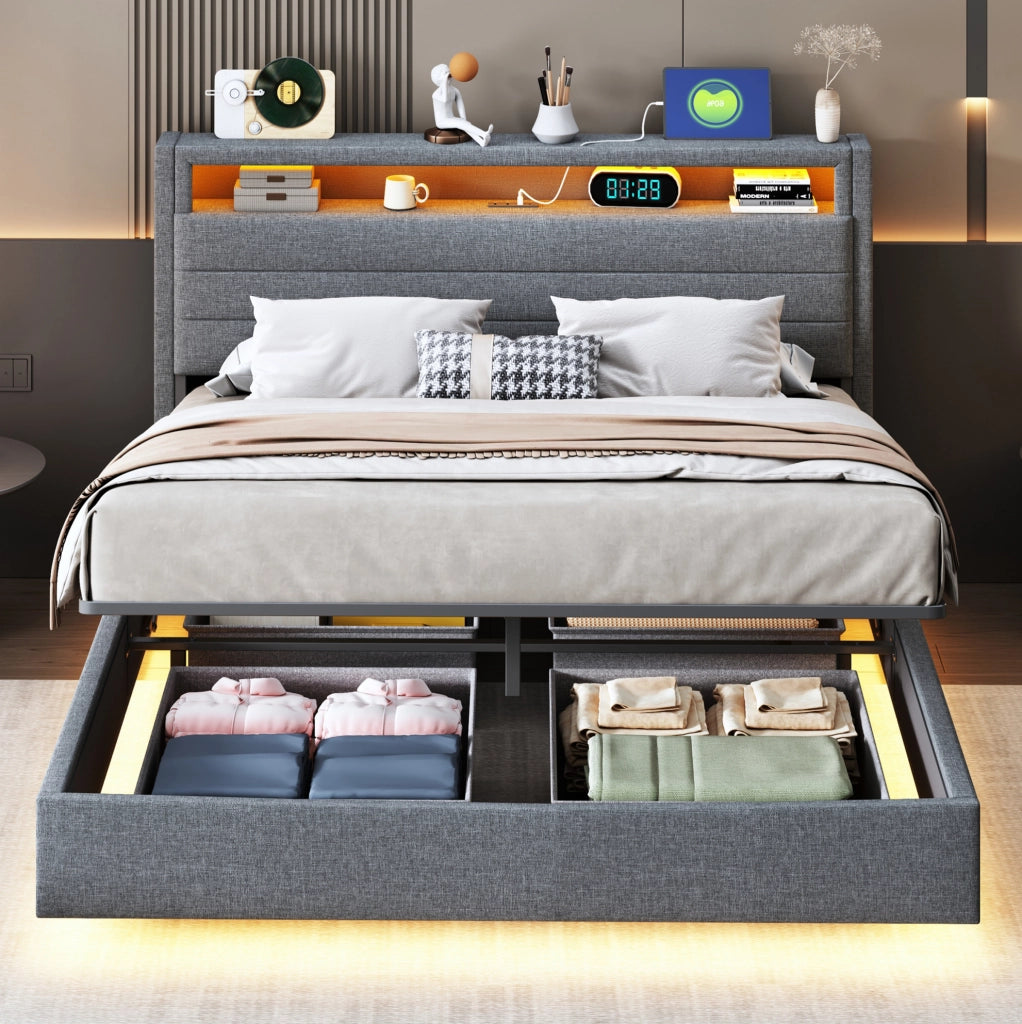 Letto contenitore imbottito 140x200 cm con LED, USB e testiera reversibile