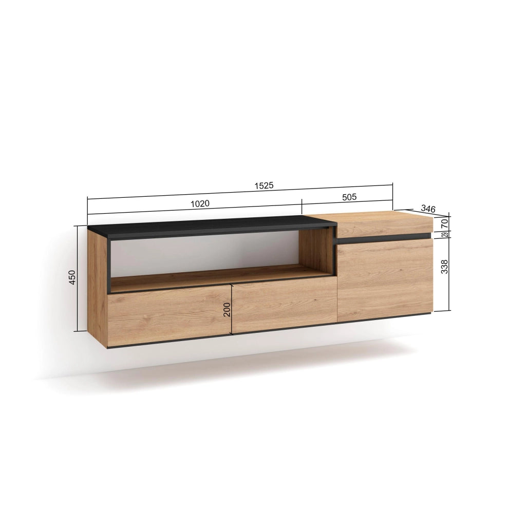 Mobile TV Soggiorno, 150x35x45cm, Per TV fino a 65", da appendere, colore Rovere e nero RF2429