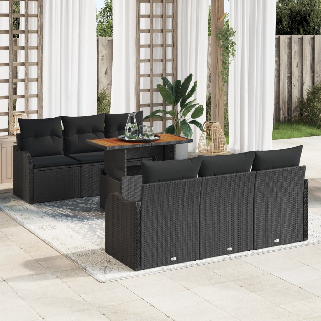 Set Divano da Giardino  7 Pezzi con Cuscini Nero Rattan Sintetico