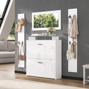 Mobili da ingresso con specchio e scarpiera a 2 ripiani ribaltabili con 8 ganci, bianco, per ingresso, 89,5 × 23 × 96,5 cm