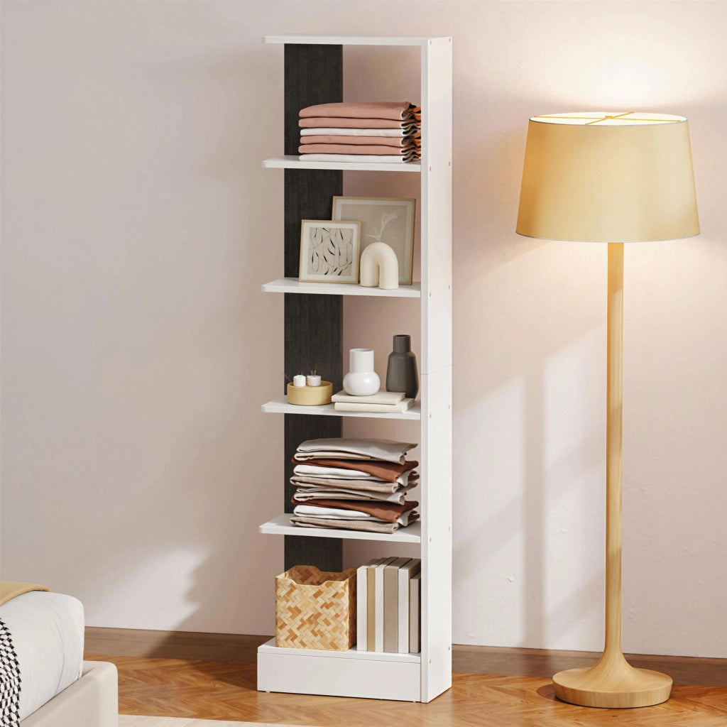 Libreria Moderna Salvaspazio 45x21x170 cm a 5 Ripiani in Legno Bianco e Nero