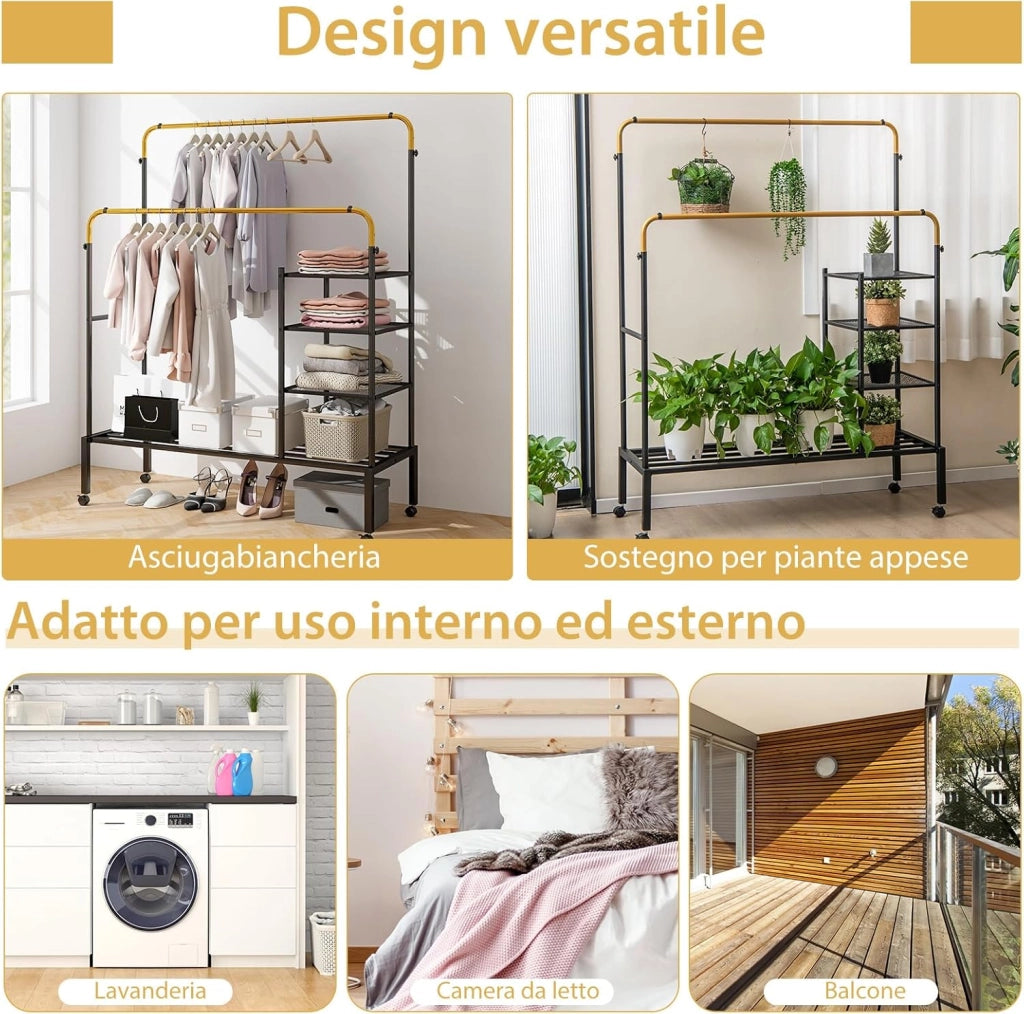 Stand Appendiabiti a Doppia Asta, con Barre Regolabili Ripiani per Riporre Ruote Bloccabili e Scarpiera, Appendiabiti in Acciaio, 135x54x167 cm, Carico 100kg (Nero+Oro)