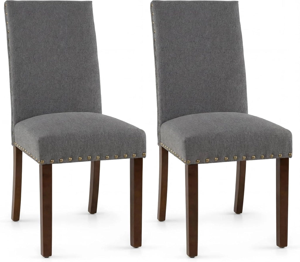 Set di 2 Sedie da Pranzo Imbottite, Sedie da Cucina con Schienale Alto, Gambe in Legno Massello e Piedini Regolabili, Portata 155 kg, Sgabelli Moderni per Cucina, Soggiorno e Ufficio (Grigio)