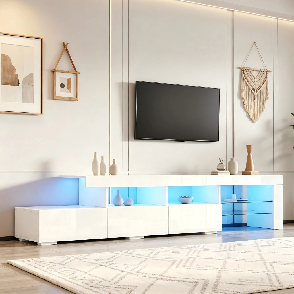 Mobile TV con 3 cassetti; 7 vani e LED - per soggiorno - 180 x 35 x 45 cm - bianco