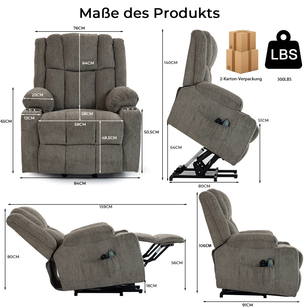 Poltrona Relax Elettrica Reclinabile con Massaggio, Alzapersona e Poggiapiedi ¨C MINIMAL ¨C Marrone Chiaro