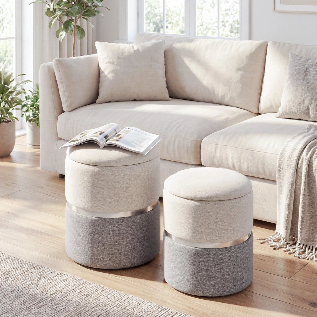 Set di 2 pouf in tessuto con spazio di archiviazione, Poggiapiedi rotondo con spazio nascosto Beige e Grigio