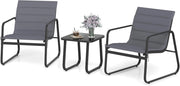 Set Bistrot 3 Pezzi, Tavolino da Esterno & 2 Sedie in Tessuto, Cuscini Staccabili, Gambe in Metallo Robusto, Piano Tavolo in Vetro Temperato, Set da Conversazione per Patio