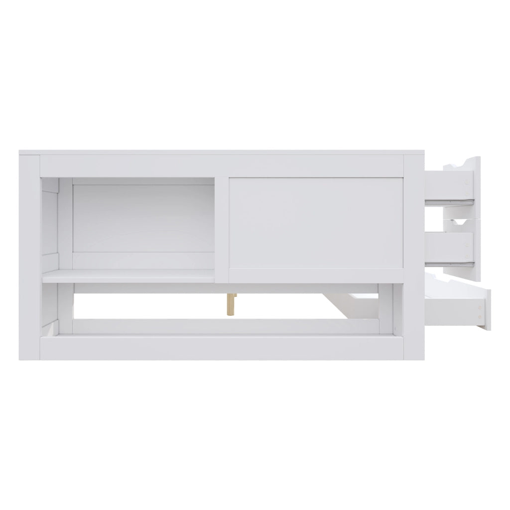 Letto contenitore in legno MDF 140x200 cm bianco, daybed multifunzionale con cassetti, ripiani e comodino, senza materasso