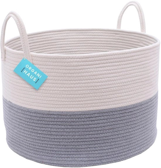 Cestino per giocattoli - Cestino per asciugamani - Cestino in cotone intrecciato con maniglie - Cestino per asciugamani per la doccia - Cestino in cotone intrecciato per la stanza da soggiorno 50x33cm - Bianco e grigio con motivi a strisce