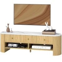 Mobile TV 140 cm, mobile per TV da 65 pollici effetto marmo 3 cassetti a scanalature effetto legno naturale