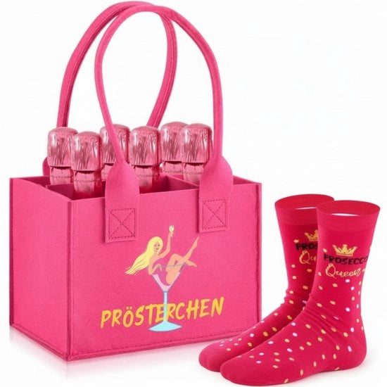 Borsa per 6 bottiglie di Prosecco in pelle di vitello, accessori per bottiglie, calze, divertente, contenitore per bottiglie, borsa per spesa, regalo per donna e amica, 21 x 14 x 15 cm