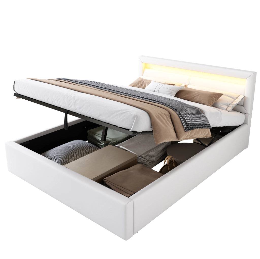 Letto imbottito 140x200 cm con LED; contenitore; rete a doghe e rivestimento in PU bianco
