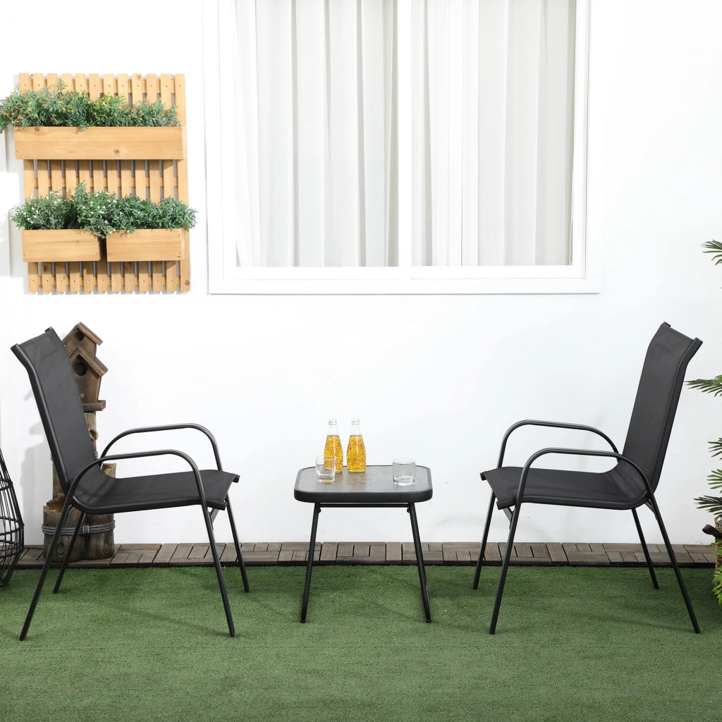 Easycomfort Set da Giardino 3 Pezzi con Tavolino e 2 Sedie Impilabili, in Acciaio e Tessuto Traforato, Nero