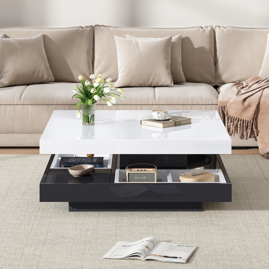 TAVOLINO da caffè girevole 70x70x36 cm bianco e nero in pannello truciolare