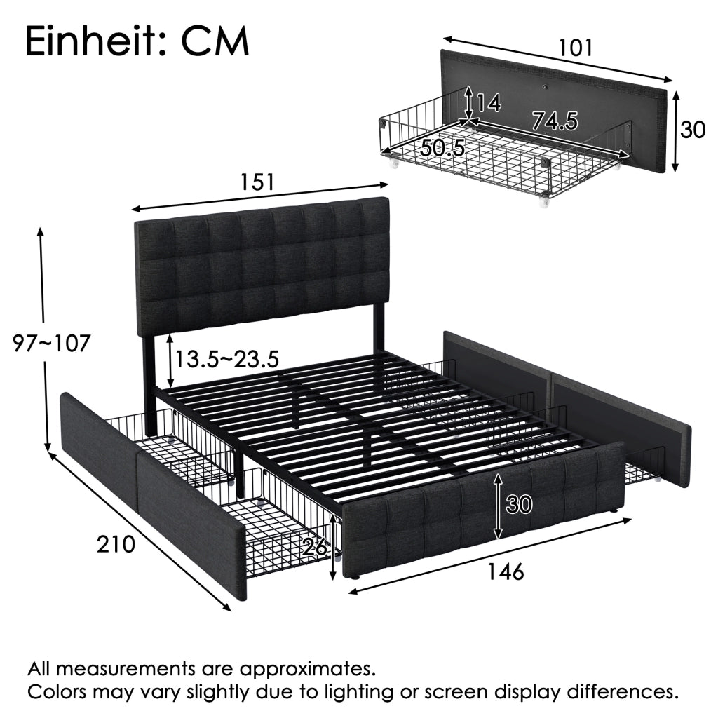 Letto matrimoniale imbottito 140x200 cm con 4 cassetti nero