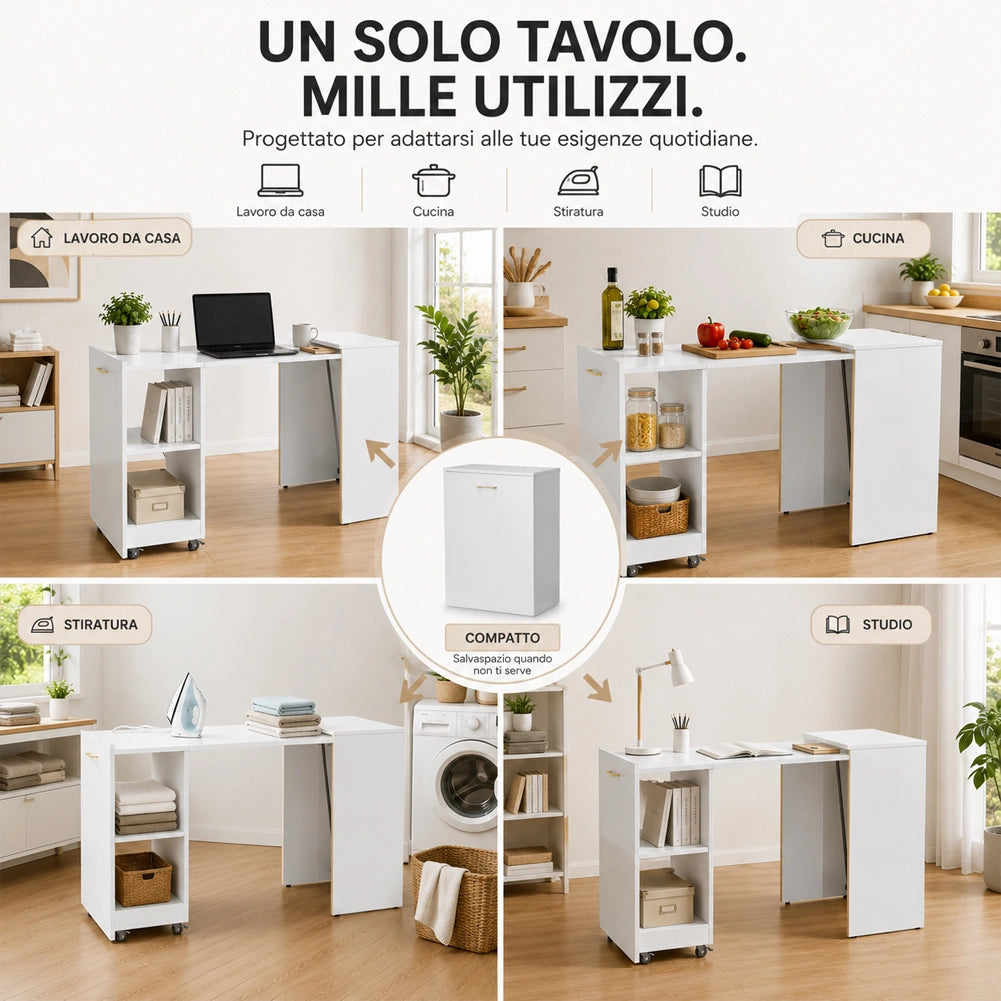 Mobile con Tavolo a Scomparsa Bianco Richiudibile Salvaspazio Scrivania Libreria