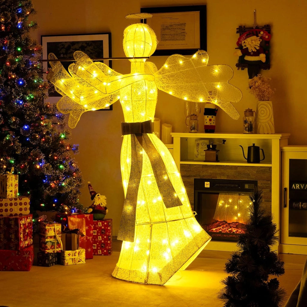 Angelo Natalizio Illuminato da Esterno, Decorazione Natalizia con 100 Luci LED, 4 Picchetti da Terra e 10 Fascette, per Giardino, Cortile e Prato (Modello 3)
