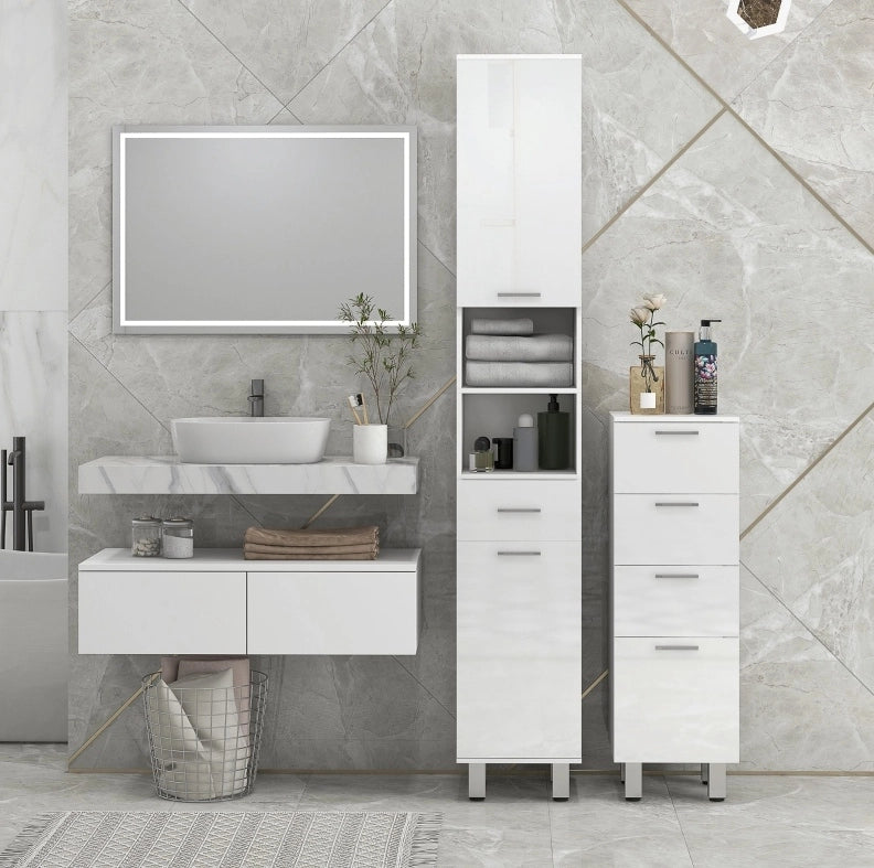 Mobile bagno stretto con 4 cassetti e piedini regolabili 30 x 30 x 93 cm bianco