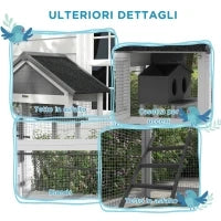 Voliera per Uccellini a 3 Porte con Casetta e Vassoio, in Legno e Metallo, 92x52x171 cm, Grigia e Nera