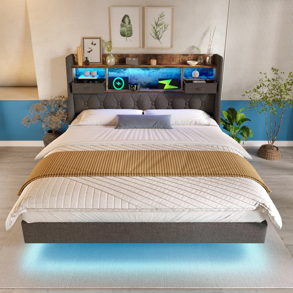Letto matrimoniale 140x190 cm con LED e porta USB C; testiera con contenitore e rete a doghe; lino grigio