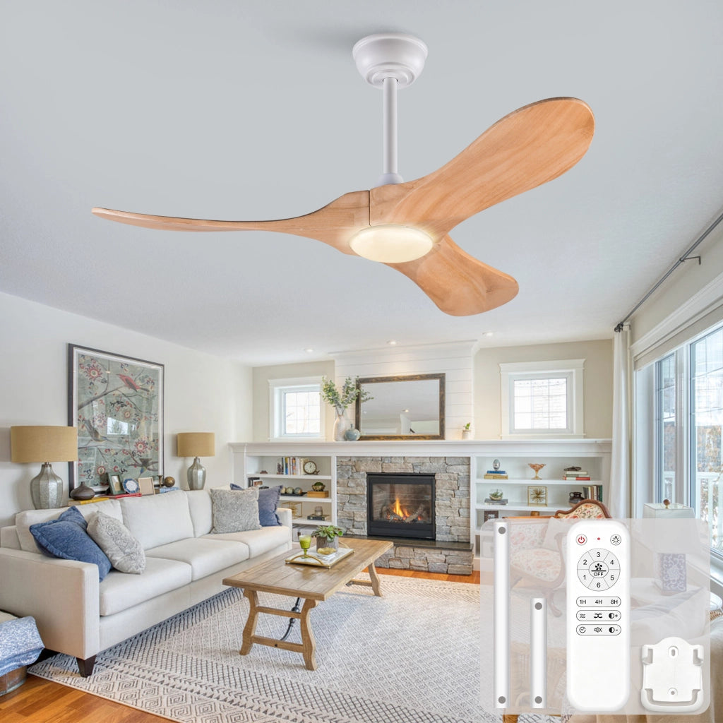 Ventilatore da soffitto 42 pollici con illuminazione e telecomando, 3 pale legno massello naturale, 3CCT dimmerabile, reversibile, 6 vel, timer
