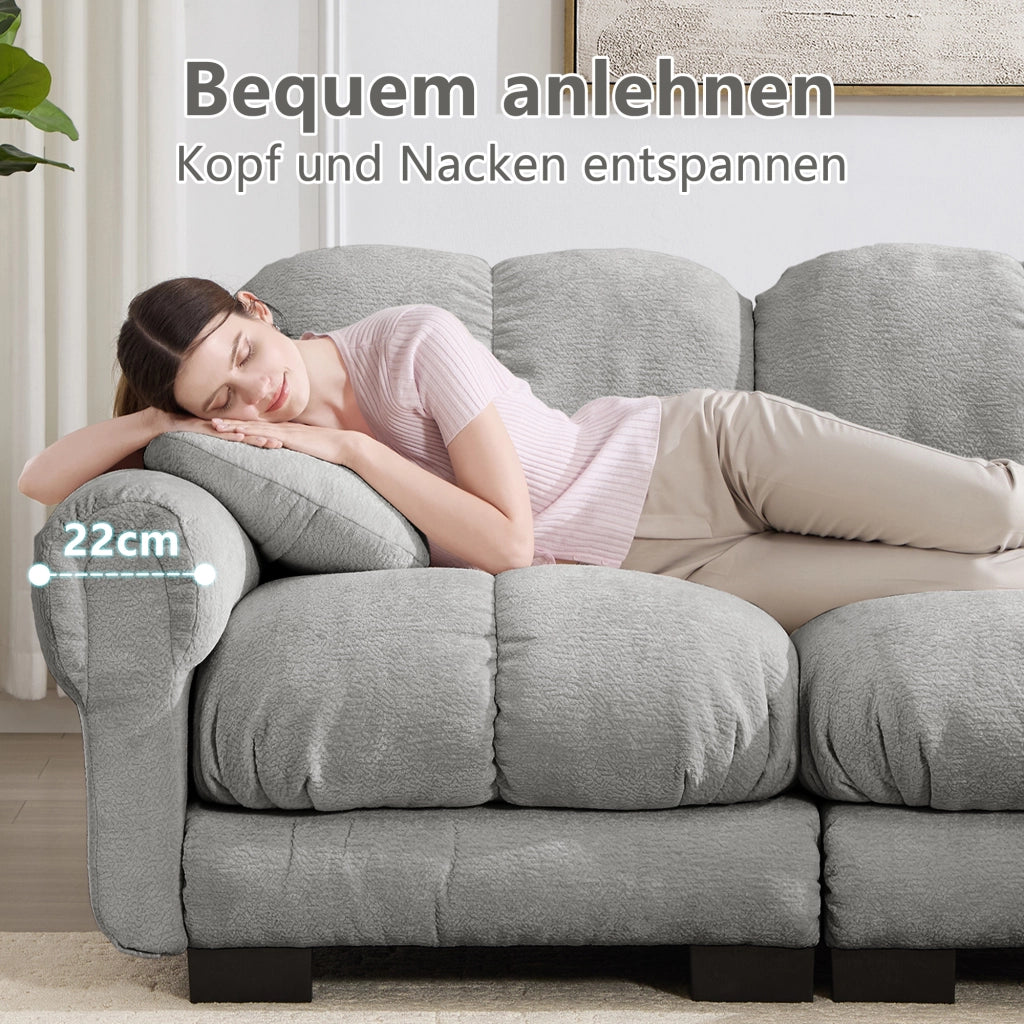 Divano modulare a U con pouf mobile e cuscini decorativi, seduta imbottita in ciniglia grigio chiaro 260 × 149 × 90 cm