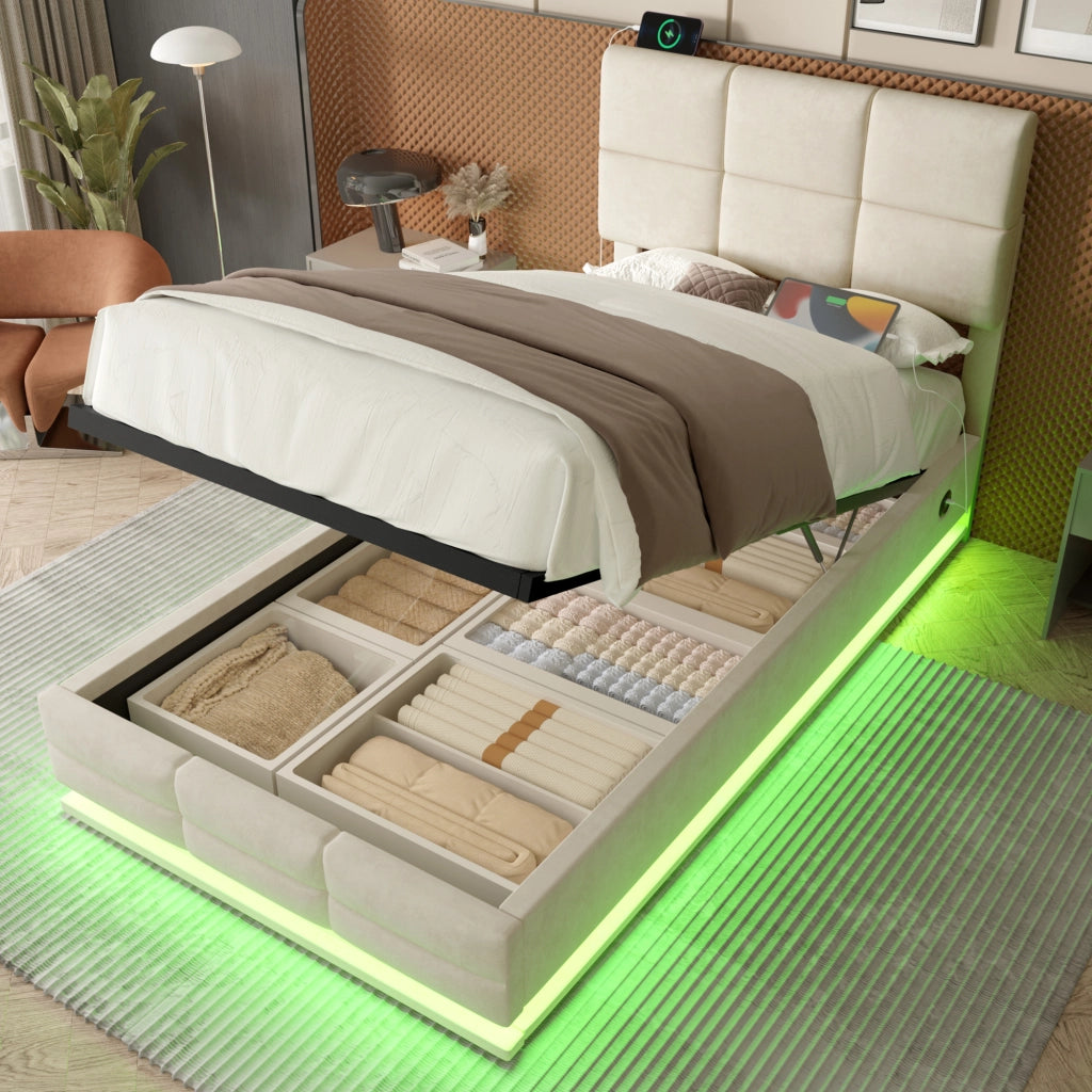 OKWISH Letto Contenitore 90×200 cm, Letto Singolo con USB, Tipo C, LED Regolabile e Testiera Regolabile, senza Materasso, Velluto, Beige