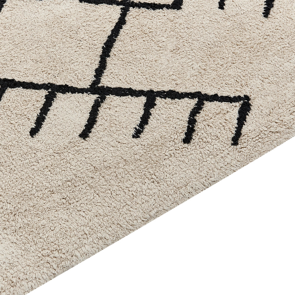 Tappeto beige e nero in cotone 140 x 200 cm rettangolare con nappe motivo geometrico stile boho per soggiorno camera da letto