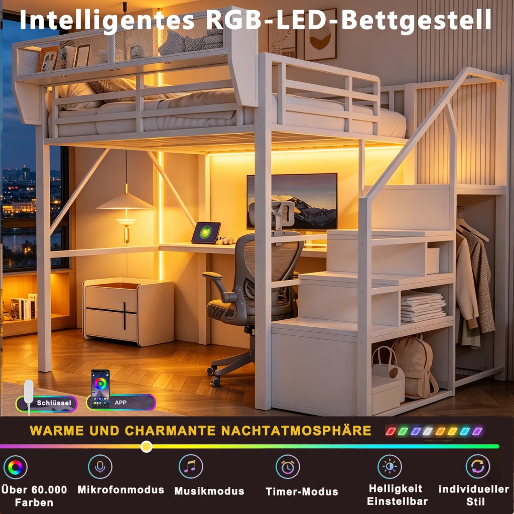Letto a soppalco 140 × 200 cm con scrivania, scaffale regolabile, LED e scala di sicurezza, senza materasso, bianco