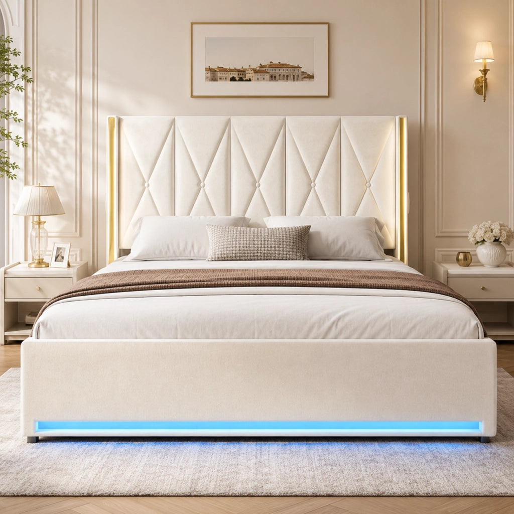 LETTO imbottito 180x200 cm in velluto beige con USB, LED e contenitore