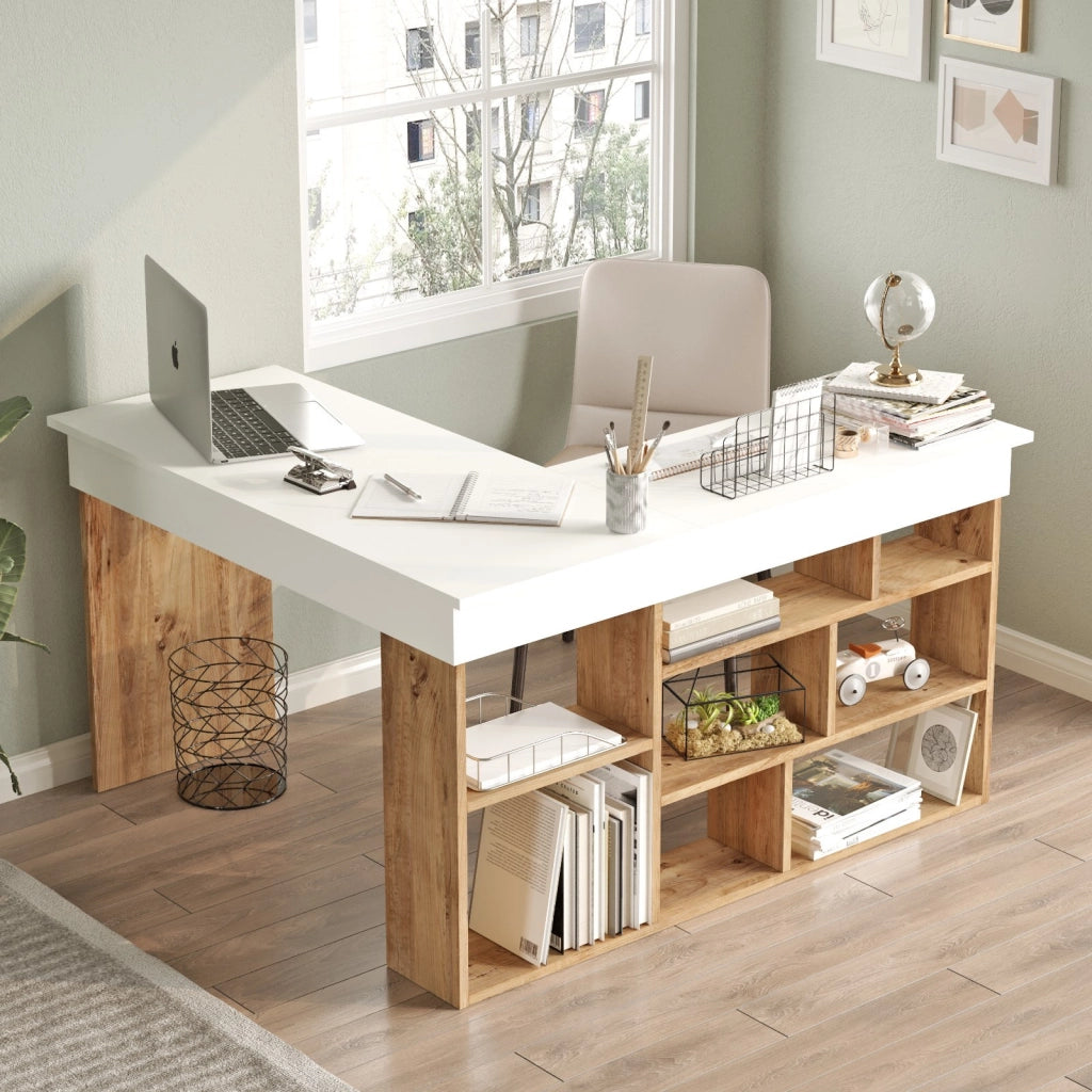 Scrivania in legno "CT5" - 129 x 120 x 72 cm - Pino atlantico bianco