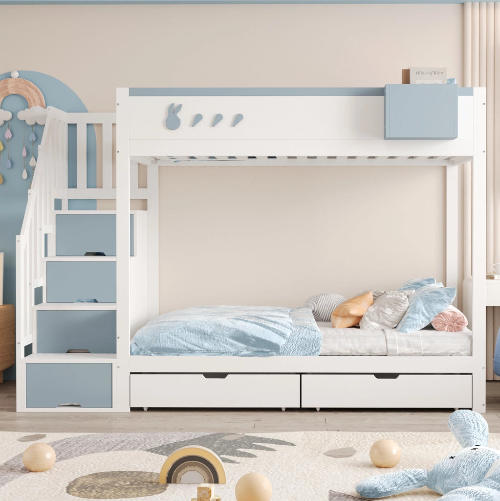 Letto a castello 90x200 cm bianco e blu con cassetti