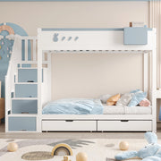 Letto a castello 90x200 cm bianco e blu con cassetti