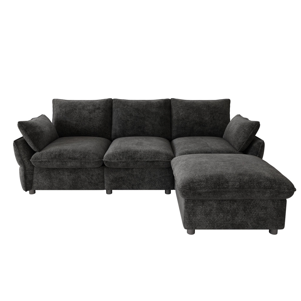 Divano angolare in chenille con pouf e 2 cuscini, seduta confortevole, design moderno, grigio scuro